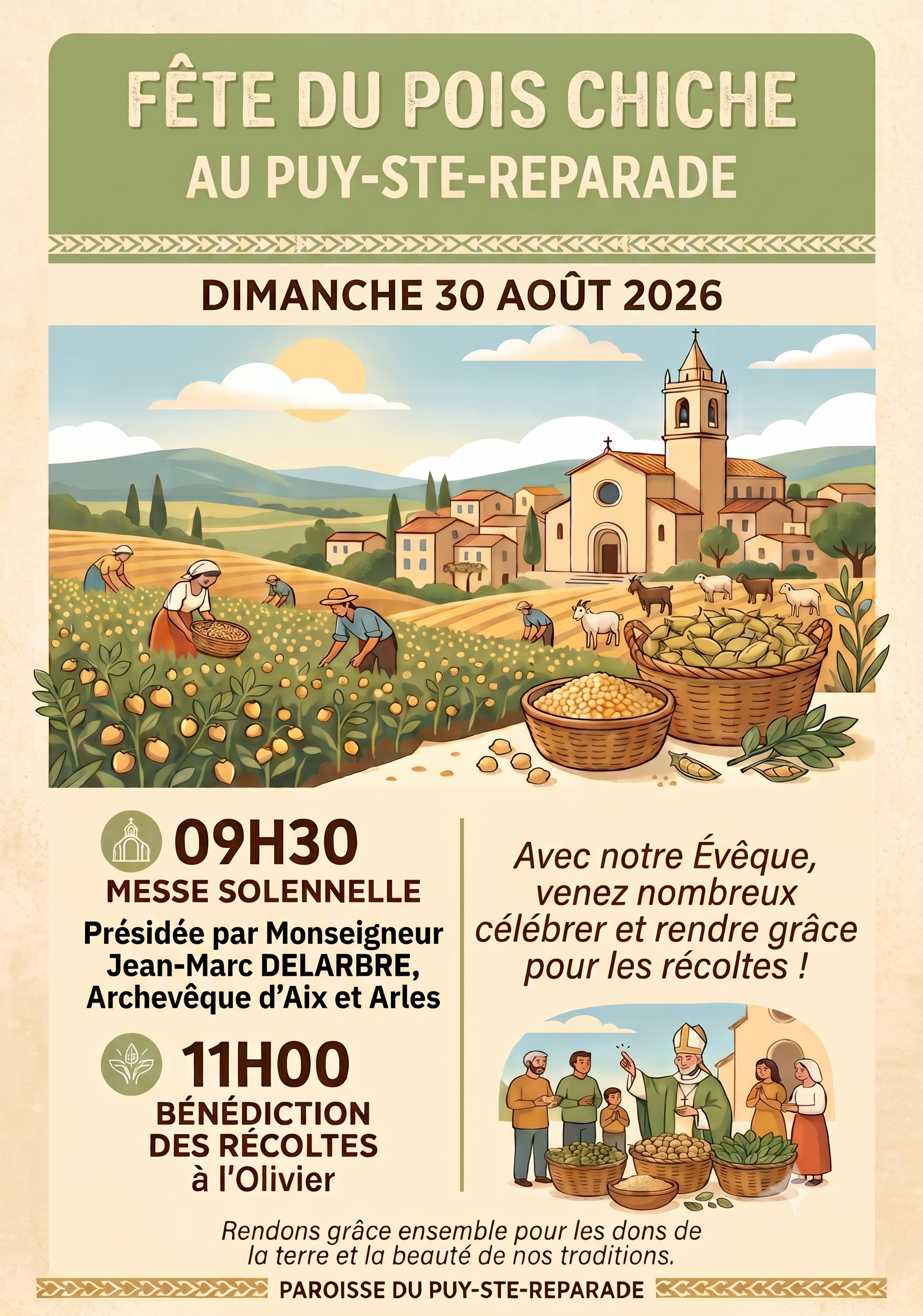 affiche qui présente la fête du pois chiche du 30 août 2026 au Puy Sainte Réparade